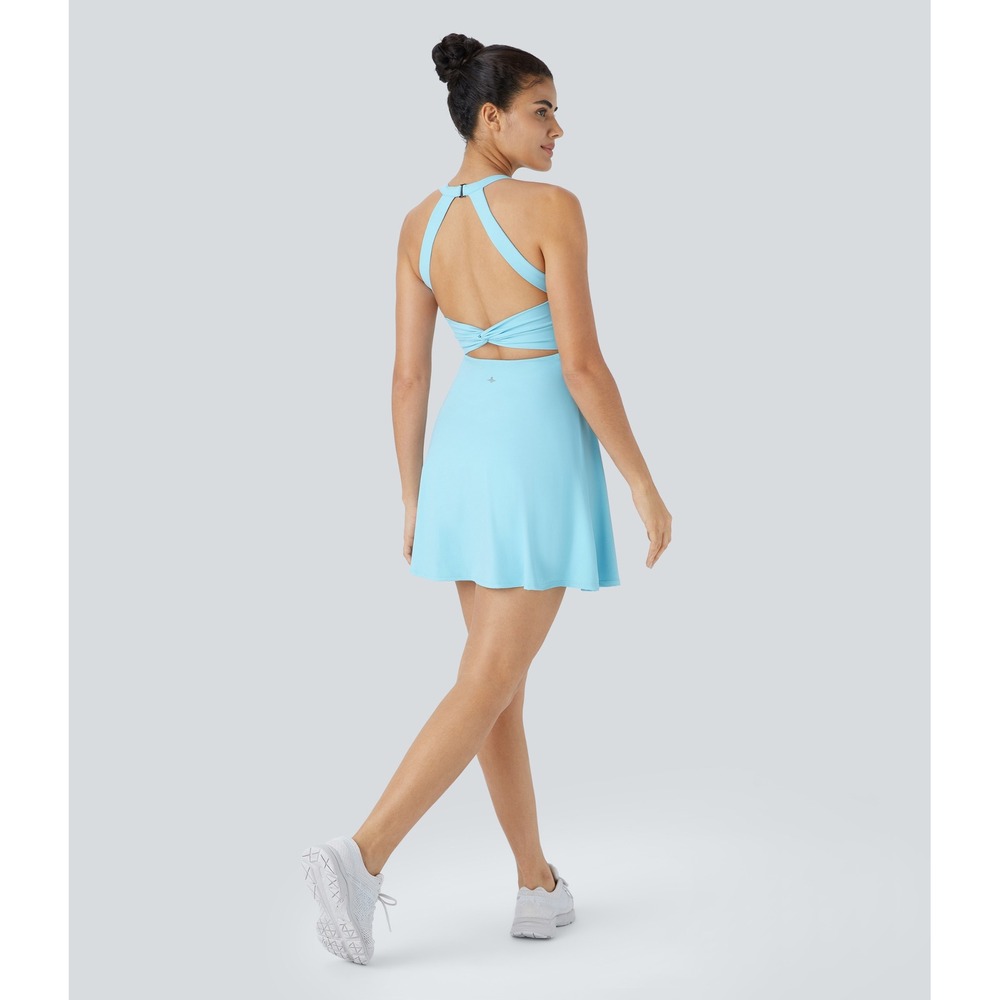 Halara SoftlyZero Airy Backless Twisted Flare Active Dress Blue Medium NWT EASY